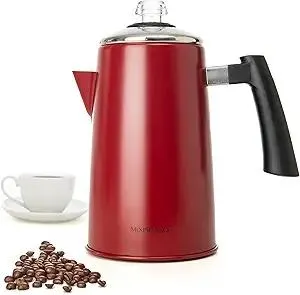 Mixpresso Red Stainless Steel Stovetop Coffee Percolator, 52 oz Classic Percolator Coffee Pot, Excellent As Camping Pot, 12 Cup Stainless Steel Camping Coffee Makers, Cool-Touch Handle.