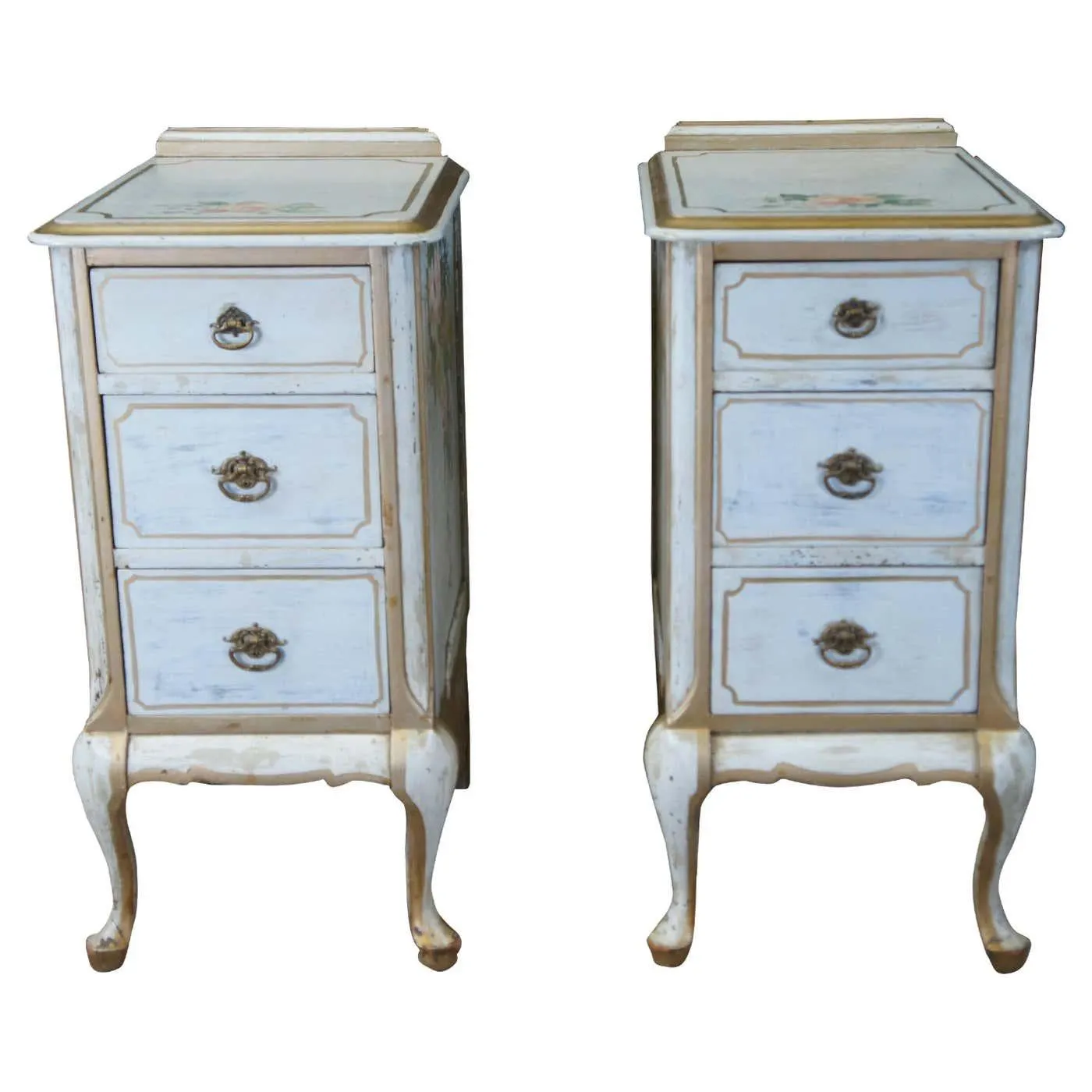 Antique French Country Hand Painted Floral 3 Drawer Nightstands Side Tables