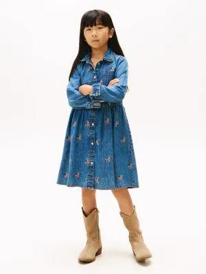 Kids' Floral Print Ruffle Chambray Dress