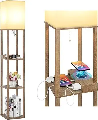 Mlambert Modern Shelf Floor Lamp with Wireless Charger & Fast Charging USB Ports & Type C Port & 2 Power Outlets,3 Tier Storage Lamp for Bedroom(Wood)