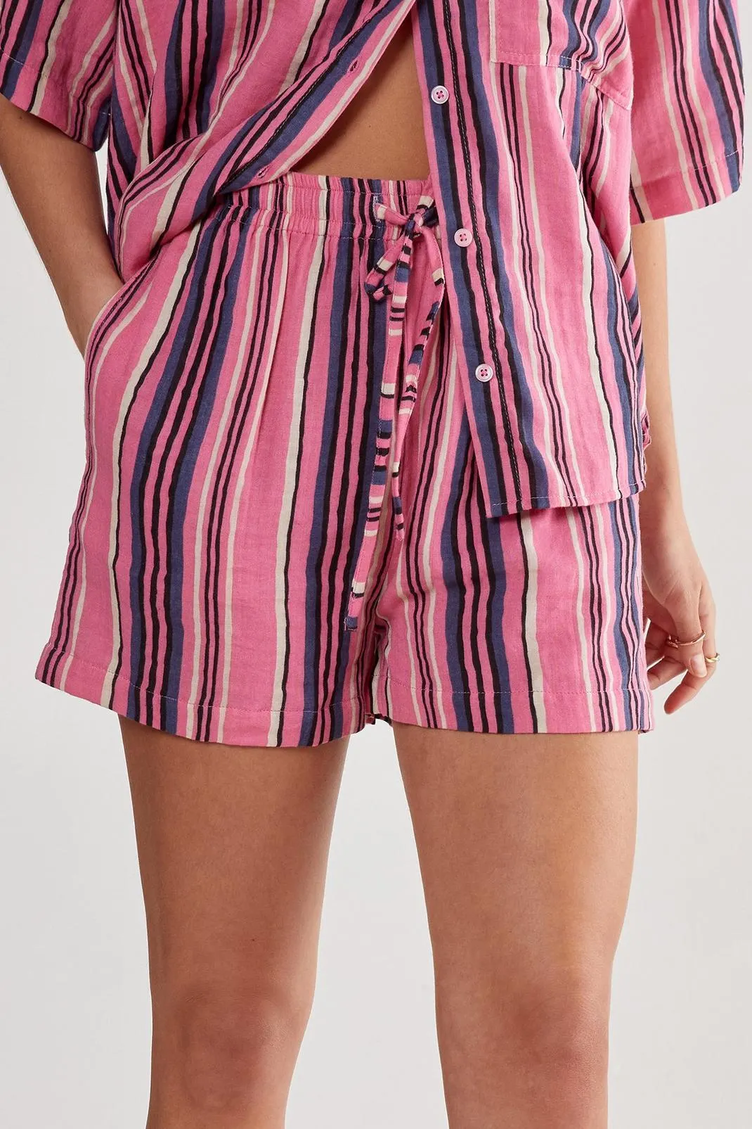 Cotton Gauze Stripe Tie Waist Shorts