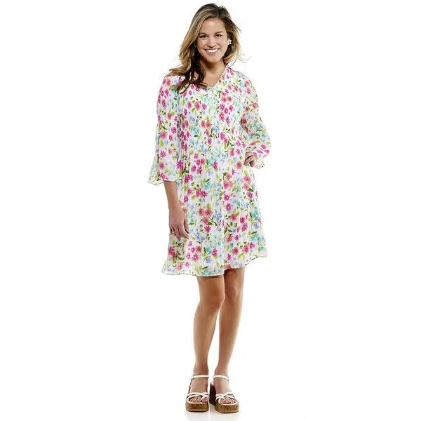 Womens Emma & Michele 3/4 Sleeve Floral V-Neck A-Line Dress