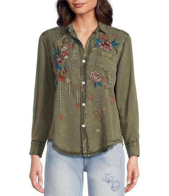 Athena Chambray Doodle Embroidered Long Sleeve Button Front Shirt