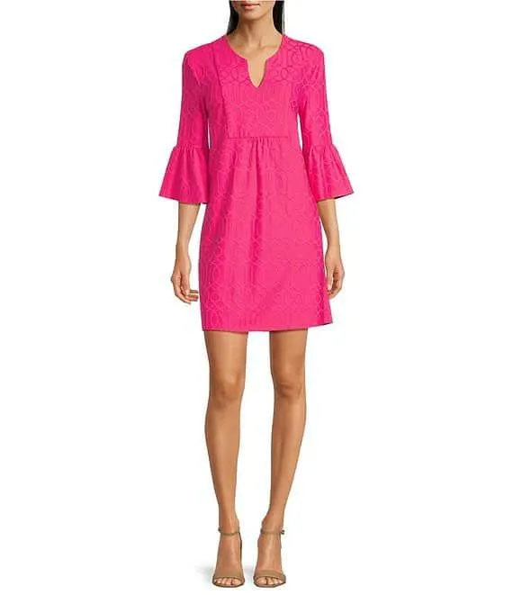 Kerry Jacquard Grand Links Split V-Neck 3/4 Sleeve Shift Dress