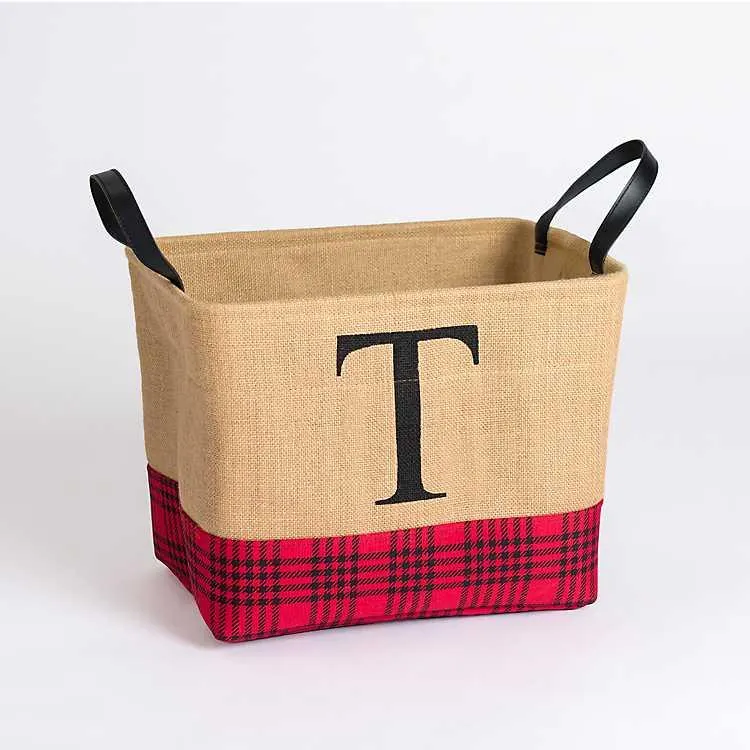 Monogrammed T Red and Black Plaid Jute Bin