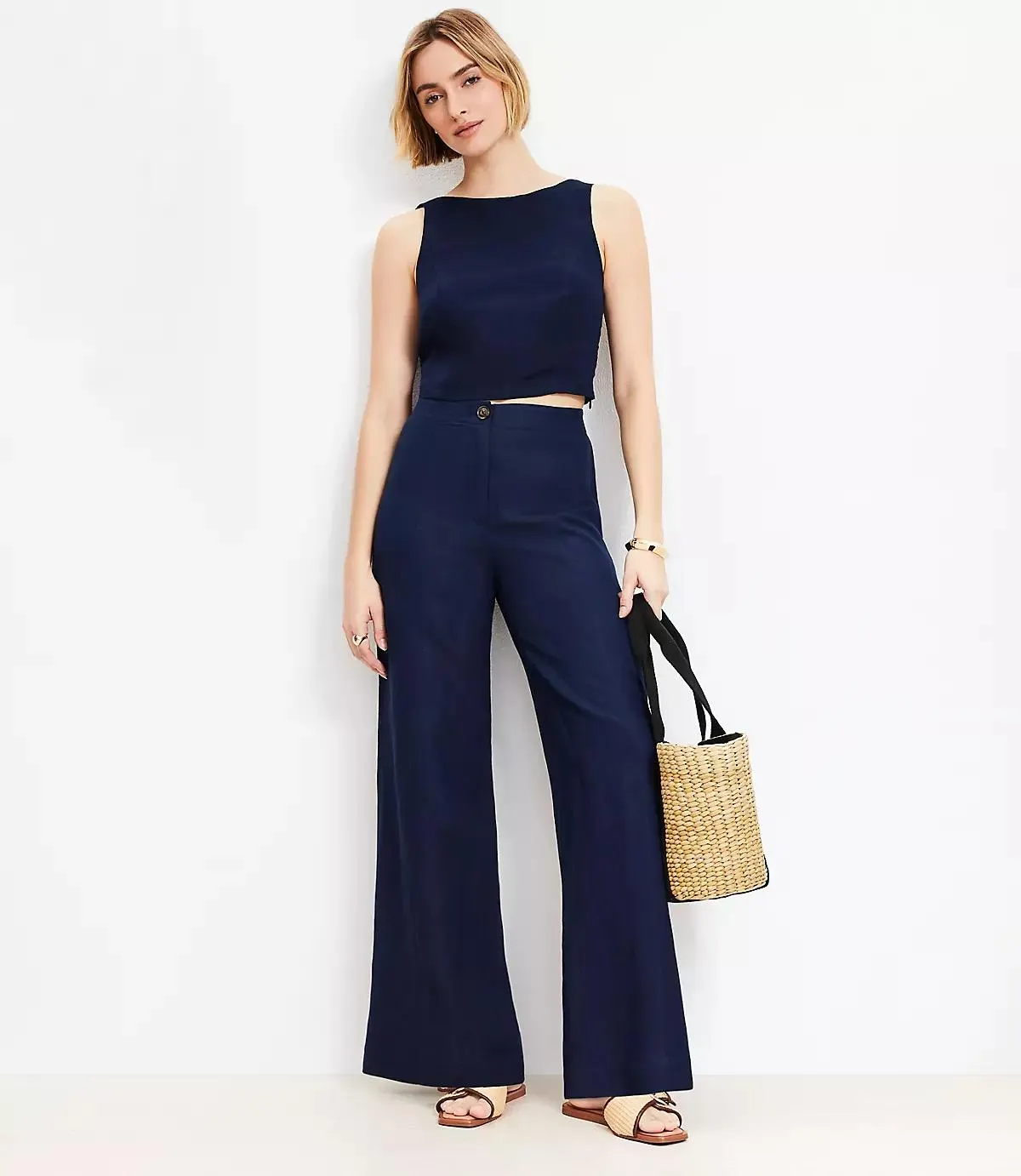 Linen Blend Pull On Wide Leg Pants