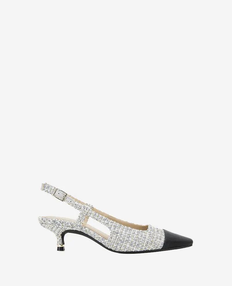Martha Tweed Cap Toe Slingback Kitten Heel - Grey Fabric