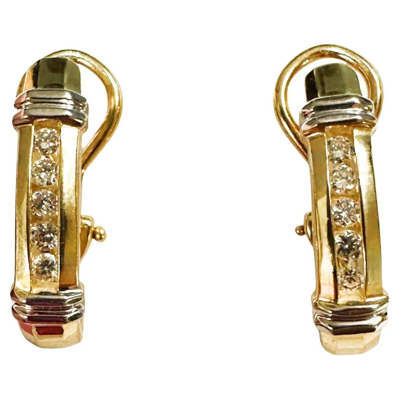 14k Yellow & White Gold .30 Carat Diamond Hoop Earrings Omega Backs