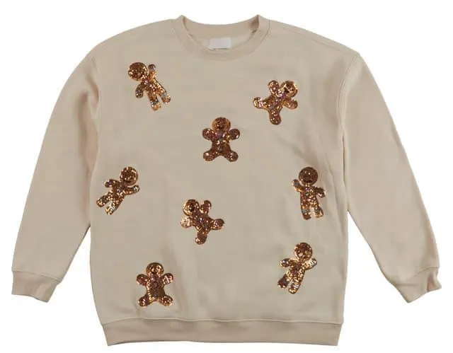 No Comment Juniors Sequin Gingerbread Man Crew Neck Sweater