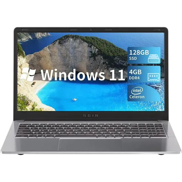 SGIN 15.6inch Laptop 4GB DDR4 128GB SSD Windows 11 with 4 Core Intel Celeron, HD 1366*768 IPS