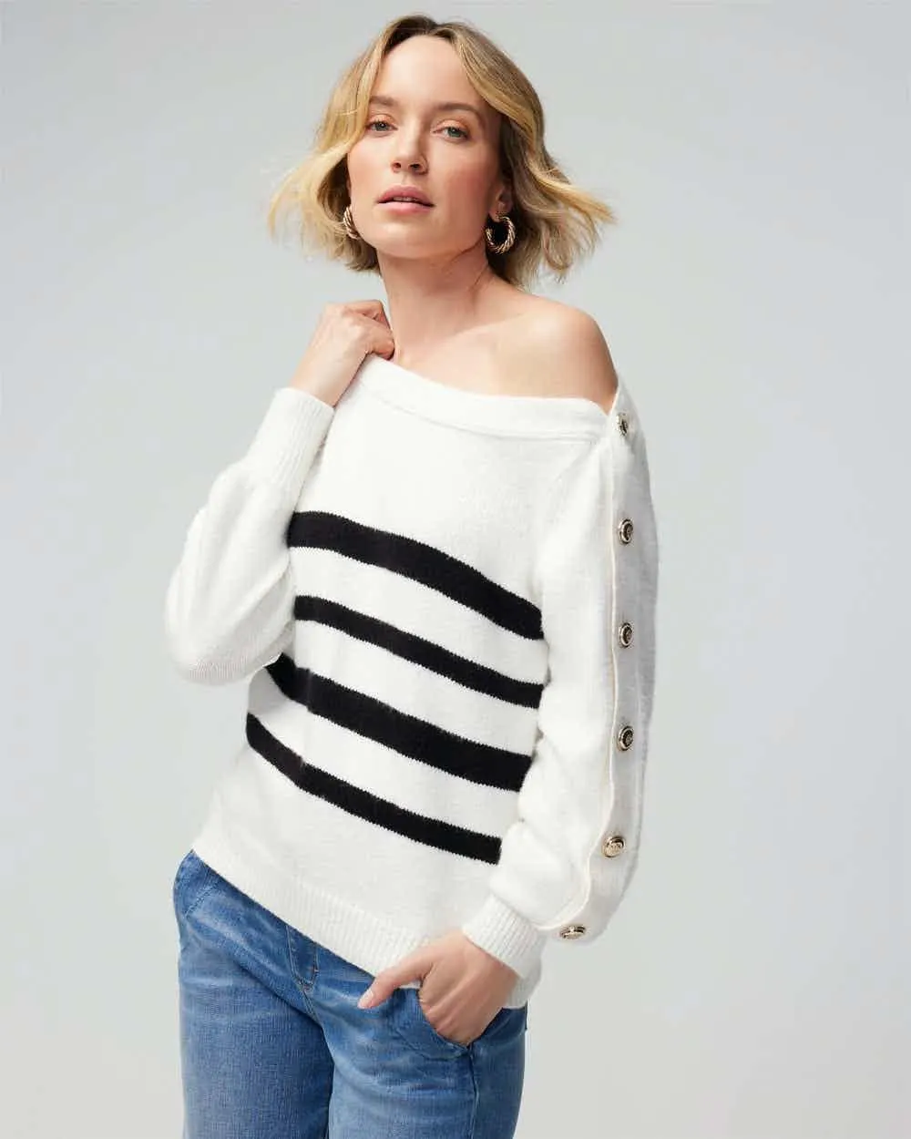 Stripe Asymmetrical Button Pullover Sweater