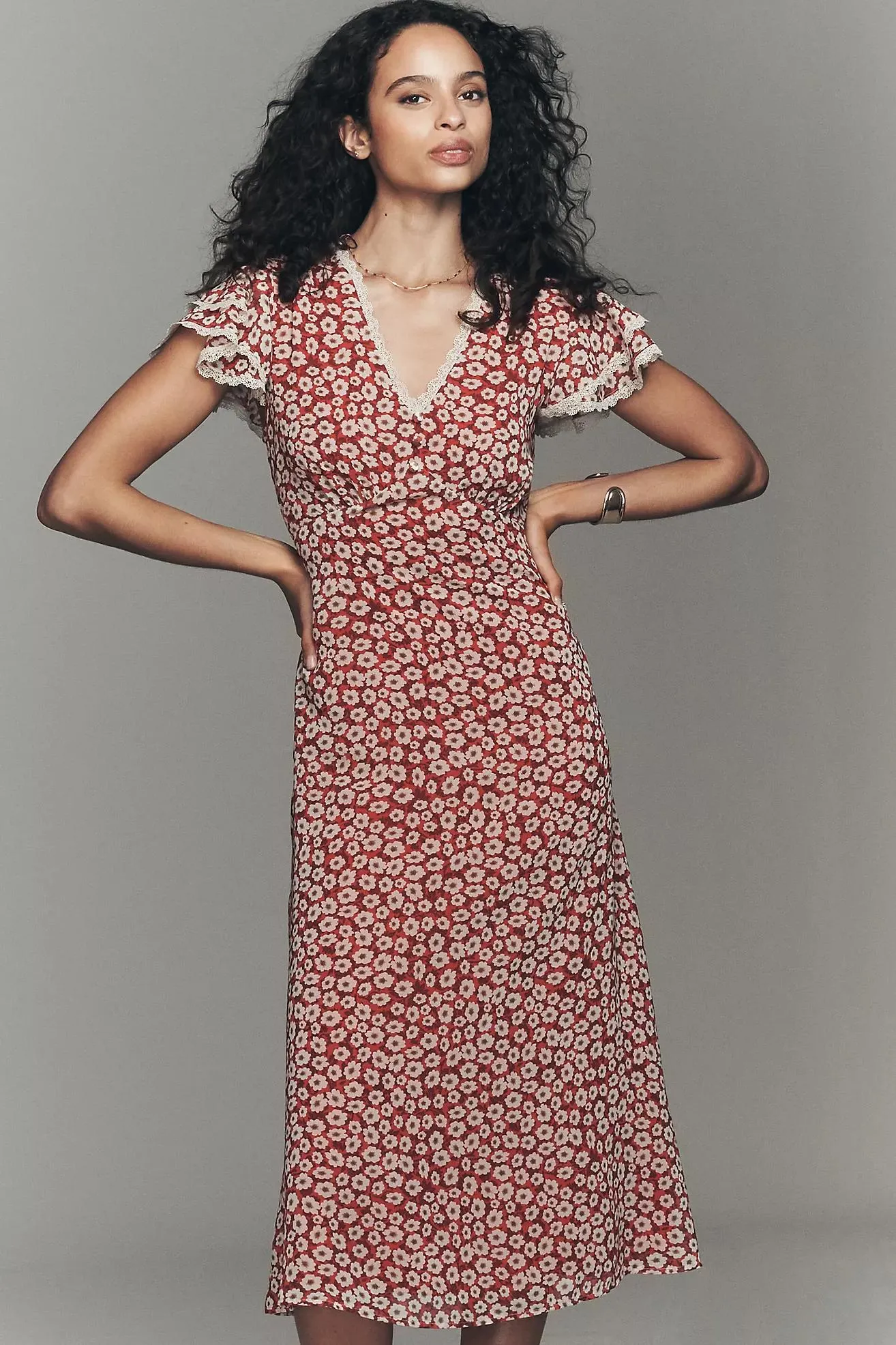 Exquise V-Neck Flutter-Sleeve Midi Dress