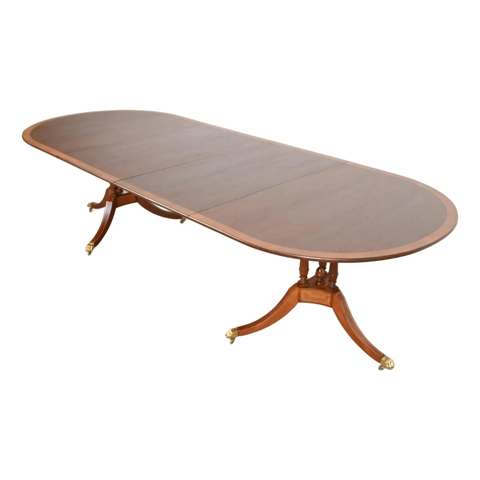 Baker Furniture Style Georgian Banded Mahogany Double Pedestal Extension Dining Table, Newly Refinished