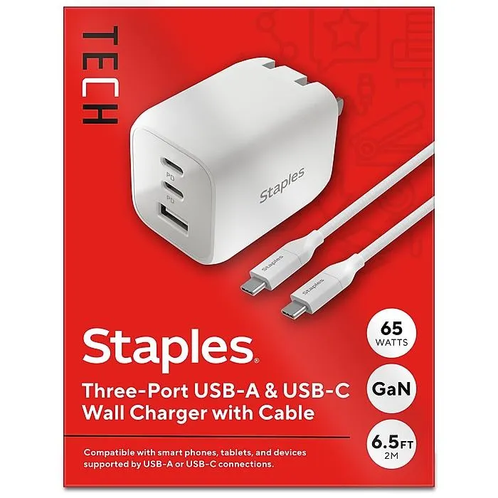 Staples TECH GaN USB-A/USB-C Wall Charger with Cable,