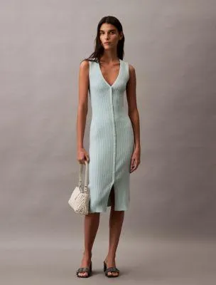 Smooth Cotton Rib Sweater Midi V-Neck Dress