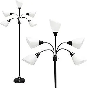 Simple Designs LF2006-BAW 67" Contemporary Multi Head Medusa 5 Light Adjustable Gooseneck Black Floor Lamp with White Shades for Kids Bedroom Playroom Living Room Office