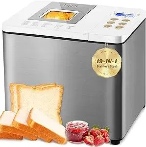19-in-1 Smart Dual Heaters Bread Maker With Heat-Conductive Nonstick Ceramic Pan, Quiet Bread Machine with 15H Timer & 1H Keep Warm, Stainless Steel BreadMaker with French, Gluten-Free,Sourdough