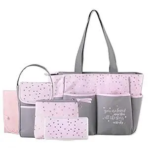Diaper Bag Tote 5 Piece Set with Sun, Moon, and Stars, Wipes Pocket, Dirty Diaper Pouch, Changing Pad (Grey/Pink)