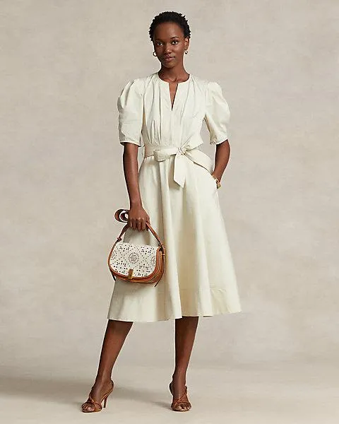Belted Cotton Puffed-Sleeve Midi Dress