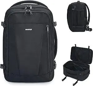 ECOHUB Travel Backpack 18x14x8 Spirit Airlines Personal Item Bag Carry On Backpack 13 Pockets Work Casual Daypack for Men Women Airline Approved Water Resistant Gym Backpack with Charging Port, Black