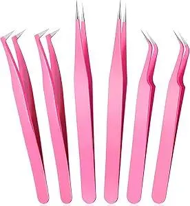 High Precision Lash Tweezers Set 6 Pack Stainless Steel Eyelash Extension Tweezers for Classic, Volume, Mega Volume Lashes, Facial Hair, Eyebrow, Hair Removal, Crafting Making(Pink)