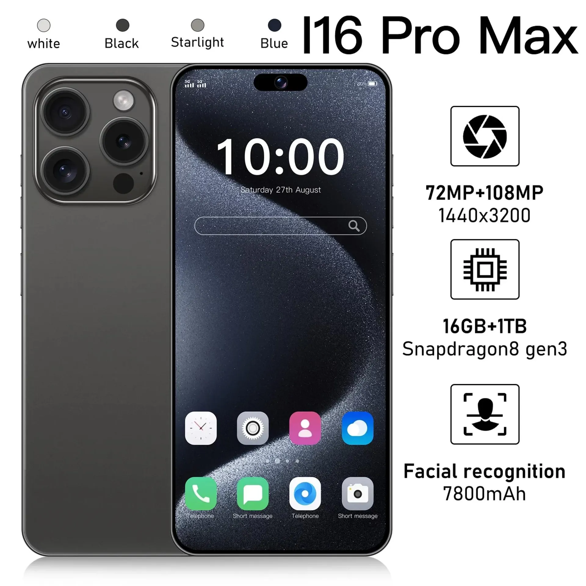 Teléfono móvil original de marca 2025 HOT de 7.3 pulgadas, nuevo i16 ProMax, pantalla completa, 4G, 5G, 6800 mAh, versión global
