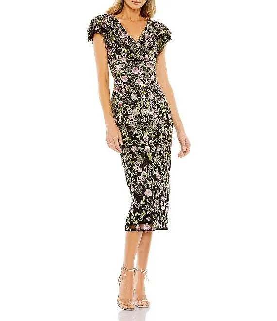 Sequin Embroidered Surplice V-Neck Flutter Cap Sleeve Midi Sheath Dress