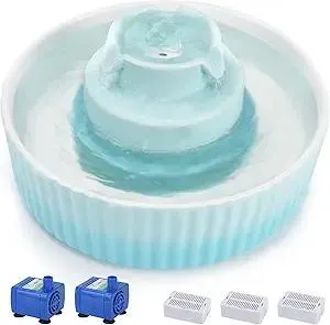 Ceramic Cat Water Fountain, 2.1L/71oz Cat Fountain with 3 Carbon Filters and 2 Quiet Pumps, Cupcake Pet Water Dispenser for Cats and Dogs (Light Blue)