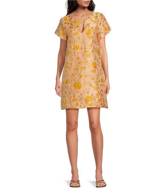 Lulu Jacquard V-Neck Short Sleeve Mini Shift Dress
