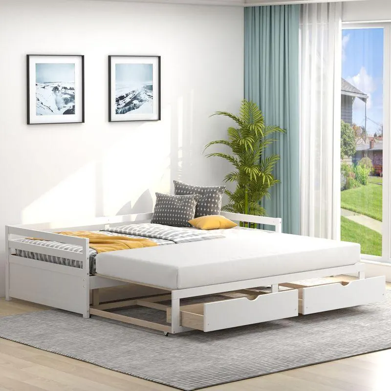 Costway Twin to King Daybed with 2 Drawers Wooden Sofa Bed for Bedroom Living Room White/Cherry