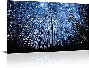 Visual Art Decor Blue Starry Night Forest Tree Silhouette Canvas Wall Art Nature Scenery Picture Prints Home Office Wall Decoration Modern Contemporary Art