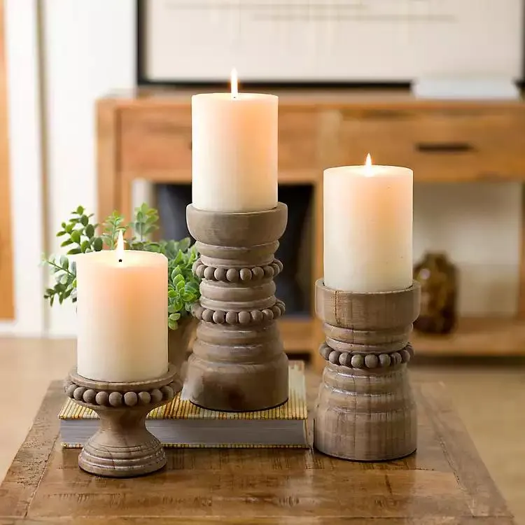 Natural Wood Beaded 3-pc. Pillar Candle Holder Set