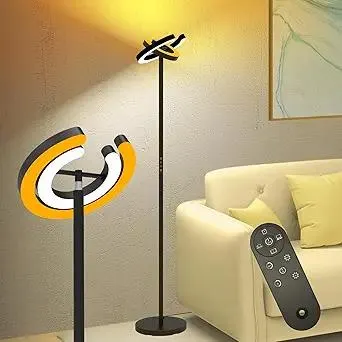 Floor Lamp for Living Room, 75.5 Inch Tall Standing Lamp for Bedroom with 2 312° Rotatable Ring Lights, 36W Bright Stepless Dimmable LED Floor Light with Remote Control for Office Dining Room