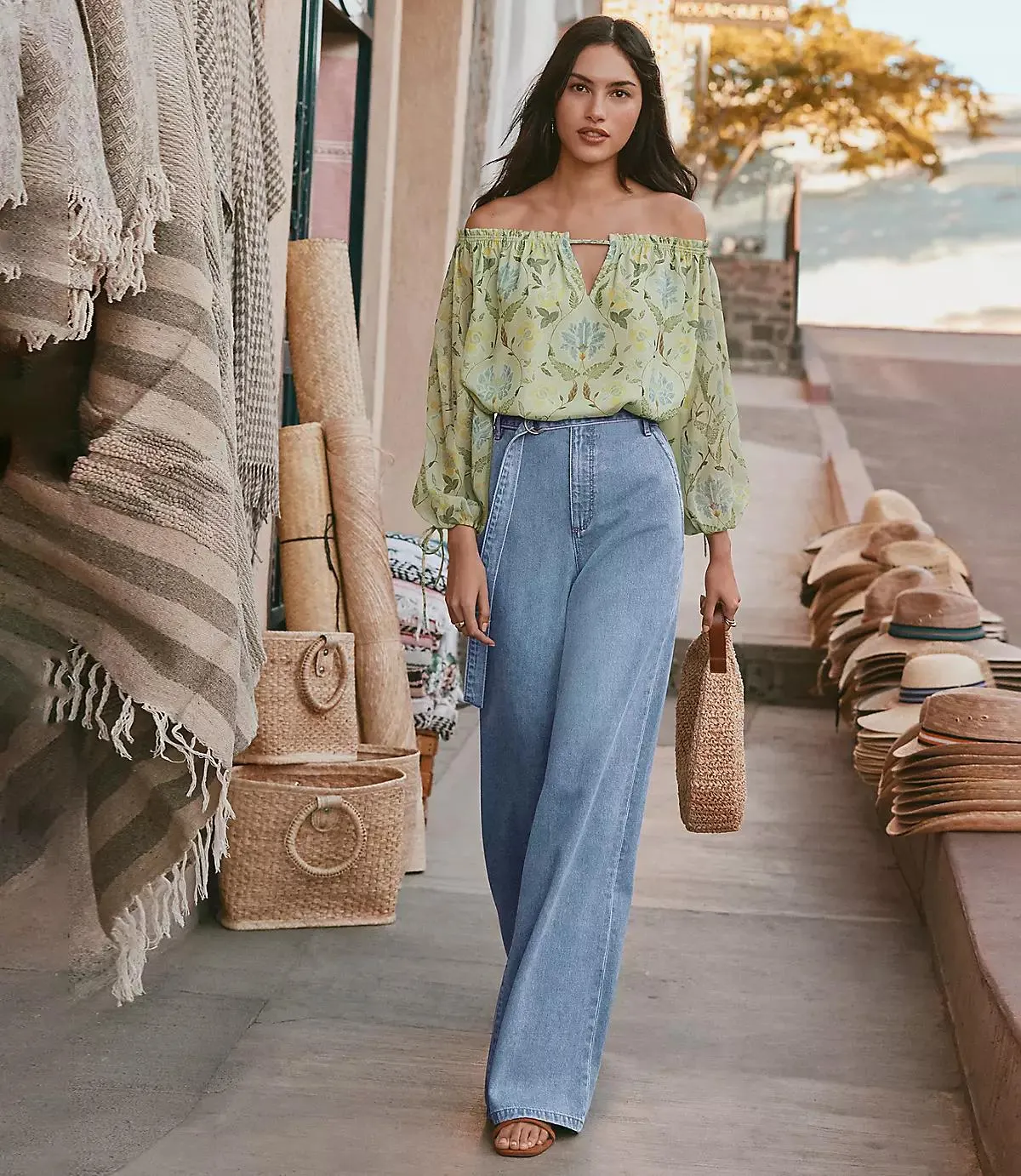 Belted Palazzo Jeans in Classic Mid Wash