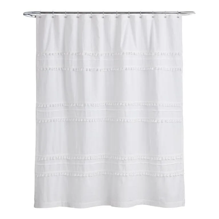 Renata White Tiered Tassel Shower Curtain
