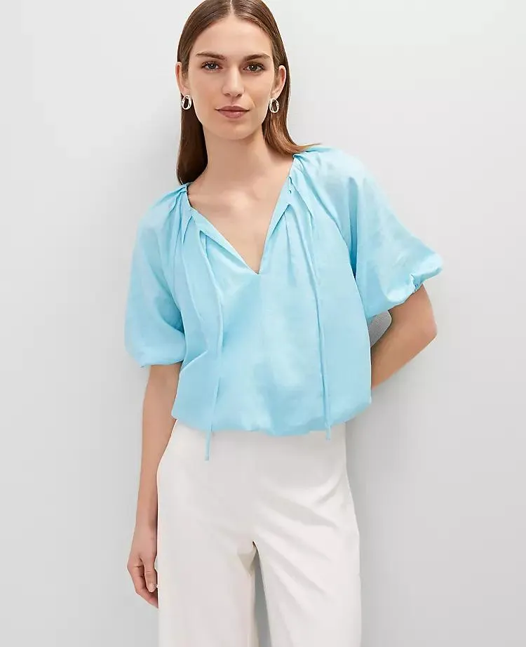 Linen Blend Bubble Hem Blouse