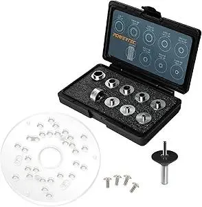 POWERTEC 72148 10pc Router Template Bushing Guides Set 5/16 to 1 Inch Fits Porter Cable Router Sub Bases & Dia 5-3/4" Trim Router Base Plate, Centering Pin and Cone, Perfect for Precision Woodworking