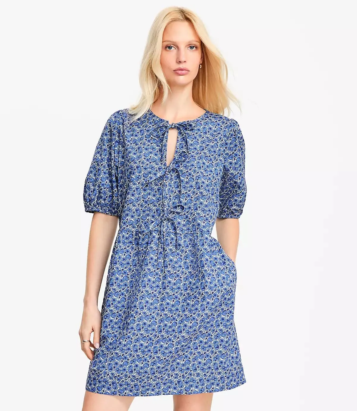 Floral Poplin Bow Mini Pocket Dress