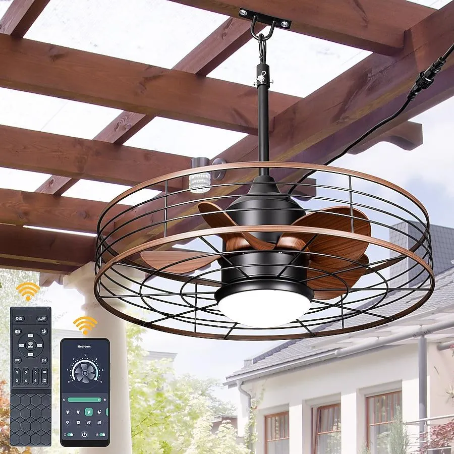 Oaks Decor Selva 23-in Color-Changing Outdoor Smart Black with Brown Blades Cage Ceiling Fan With Light 5 -Blade )