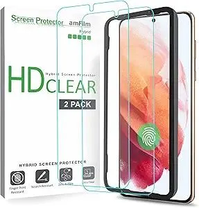 amFilm Screen Protector for Samsung Galaxy S21 5G 6.2 inch (2021), Fingerprint ID Compatible, HD Clear, Scratch Resistant Hybrid, with Easy Installation Tray, Polyethylene Terephthalate, 2 Pack