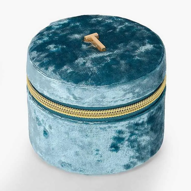 Round Blue Velvet Monogram T Jewelry Box