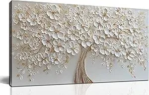 Flower Pictures Wall Decor for Living Room White and Gold Wall Art for Office Tree Canvas Wall Art for Bedroom Size 20 x 40 Inch