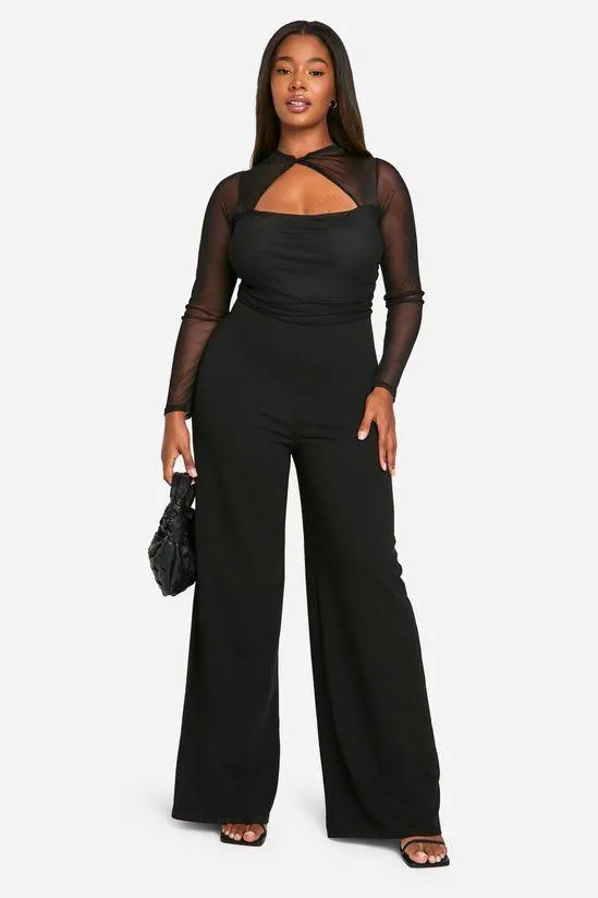 Plus Mesh Twist Detail Wide Leg Jumpsuit