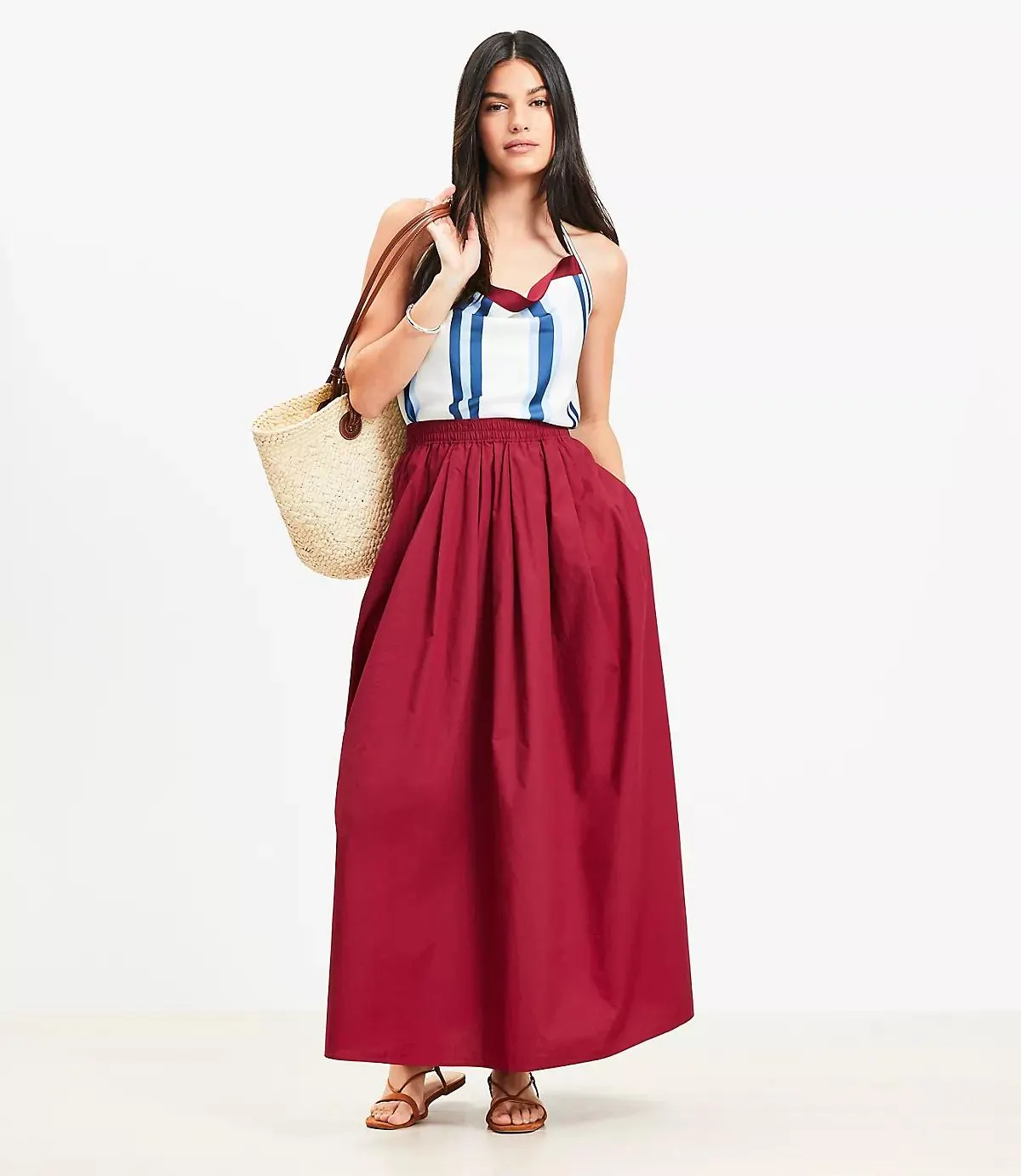 Poplin Pleated Maxi Pocket Skirt
