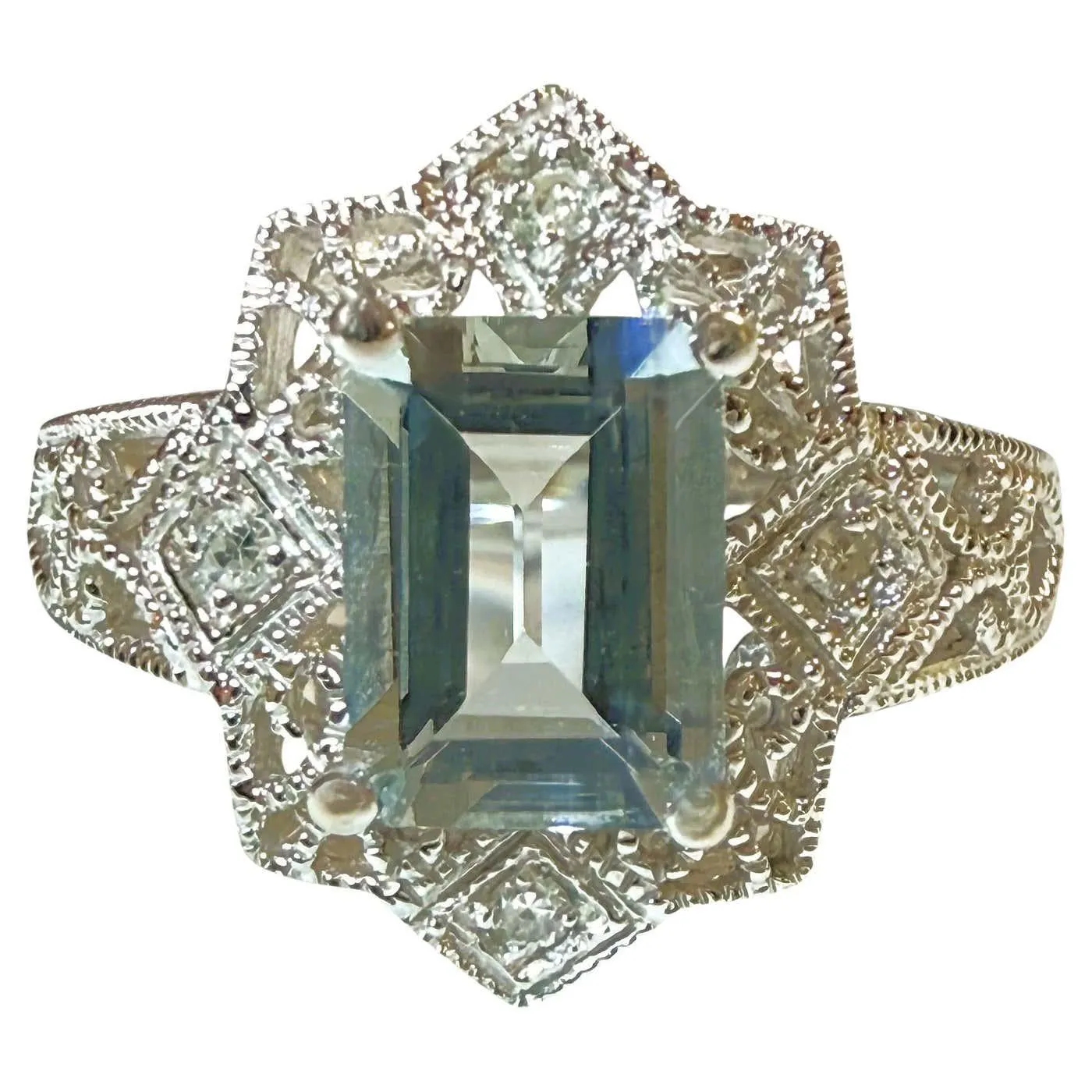 Vintage T&C 1.74 Carat 14K White Gold Aquamarine & Diamond Filigree Ring