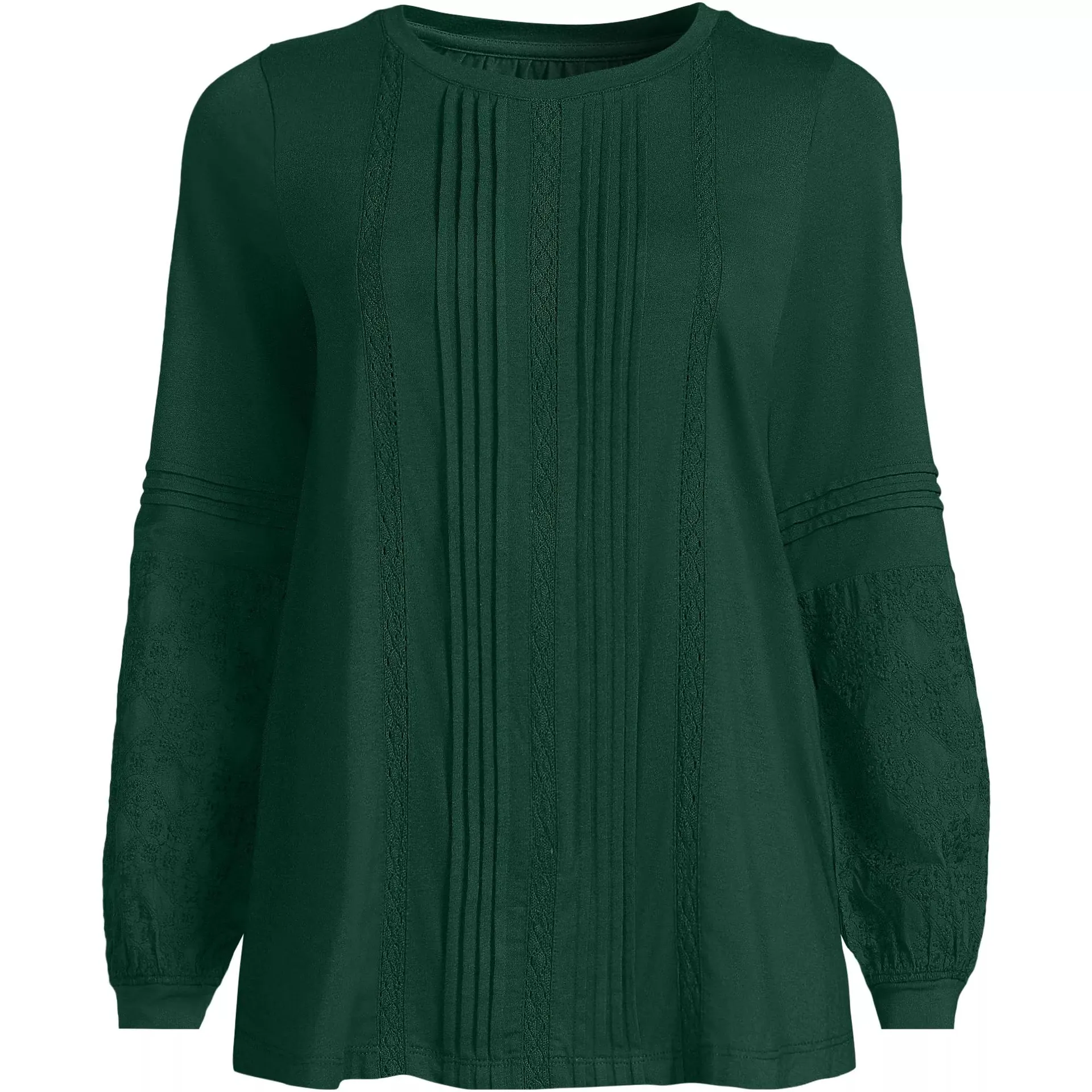 Women's Lightweight Jersey Lace Mix Long Sleeve Pintuck Top