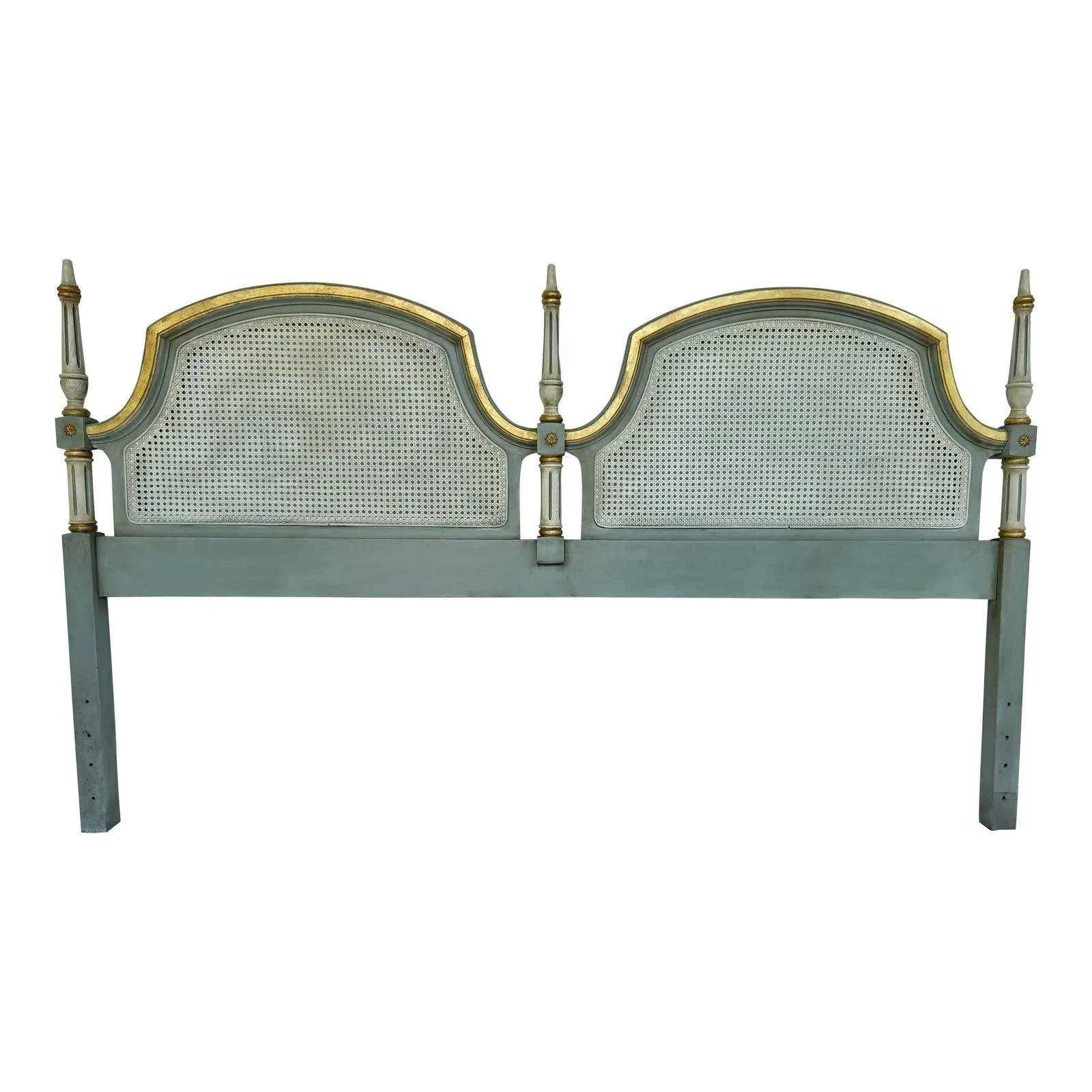 Vintage Mid-Century Swedish Gustavian Louis XVI Style Cane and Wood King Headboard Newly Painted With Light Blue Finish and Hand-Gilt Accents