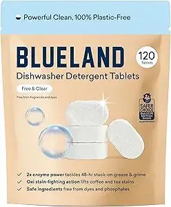 BLUELAND 100% Plastic-Free Dishwasher Detergent Tablets, 120 Count, Free & Clear, Eco-Friendly Dishwashing Pods, Natural, USDA Certified biobased