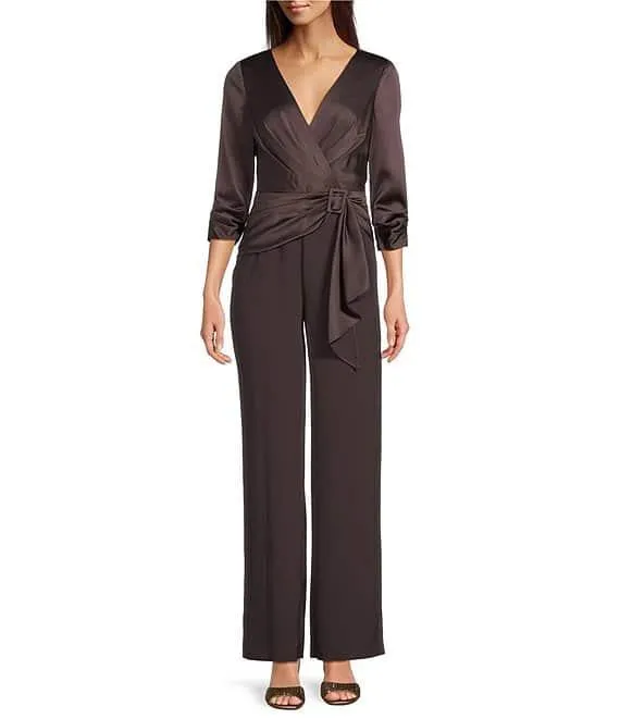 Stretch Satin Crepe Surplice V-Neck 3/4 Sleeve Side Drape Jumpsuit
