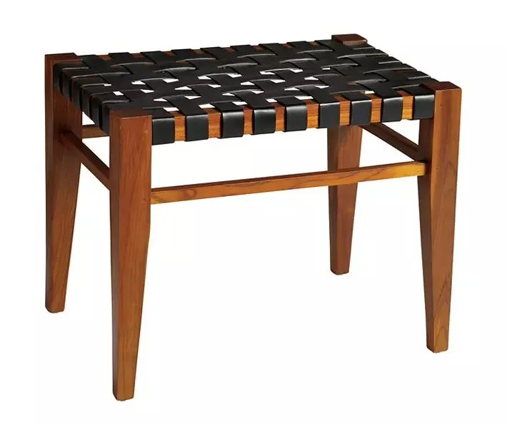 Black Woven Leather & Teak Stool